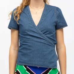 Blouse cache coeur denim wash brandy manches courtes Femme LA PETITE ETOILE