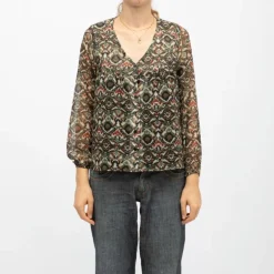 Blouse cyrielle col v imprimé graphique khaki Femme DEELUXE 74