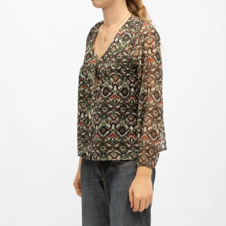 Blouse cyrielle col v imprimé graphique khaki Femme DEELUXE 74