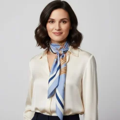 Carré toucher soie à fleurs et papillons liseré bleu ciel 90x90cm TORRENTE