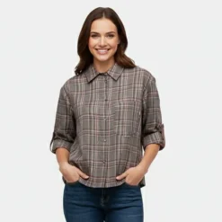 Chemise grigio à carreaux asymétrique manches 3/4 Femme PLEASE