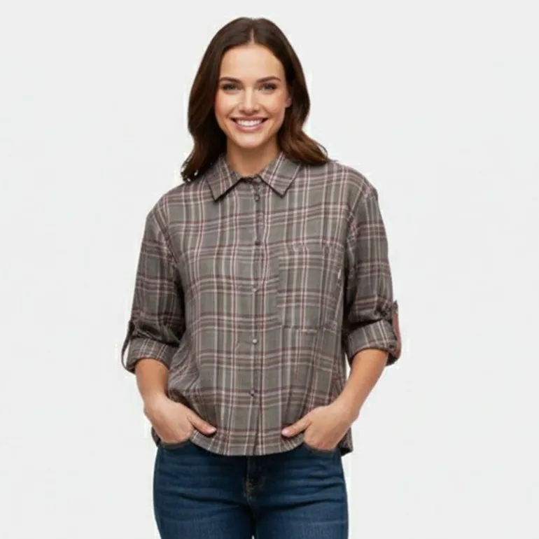 Chemise grigio à carreaux asymétrique manches 3/4 Femme PLEASE