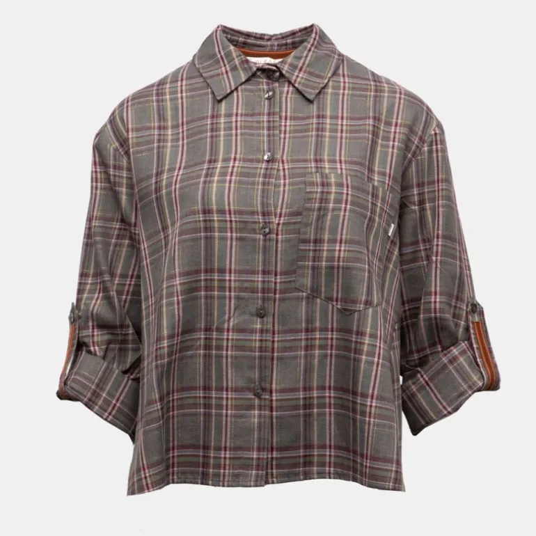 Chemise grigio à carreaux asymétrique manches 3/4 Femme PLEASE