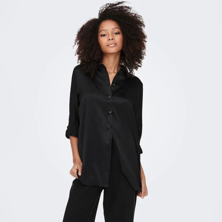 Chemise longue noire effet soie Femme ONLY