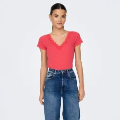 Haut manches courtes Lennie rouges dentelle décolleté Femme ONLY