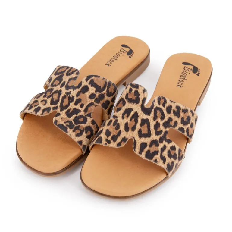 Mules plates imprimé léopard en cuir Femme BIOSTOCK
