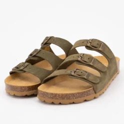 Mules triple boucle cuir couleur kaki Femme I AM