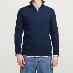 Pull col haut zippé tissu crocheté souple coton Homme JACK & JONES