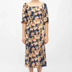 Robe bleue foncé à fleurs retro roxie col carré Femme LA PETITE ETOILE