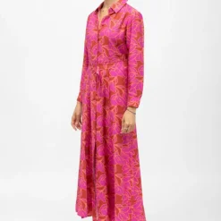 Robe chemise marron à fleurs roses longue avec ceinture romane Femme LA PETITE ETOILE