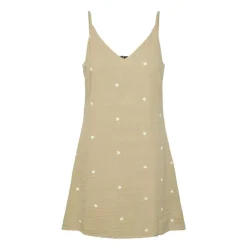 Robe courte à bretelles brodée beige en gaze de coton Femme PIECES