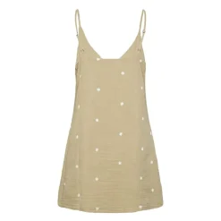 Robe courte à bretelles brodée beige en gaze de coton Femme PIECES