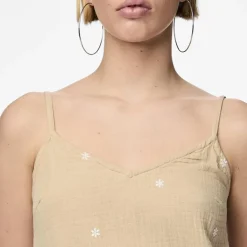 Robe courte à bretelles brodée beige en gaze de coton Femme PIECES