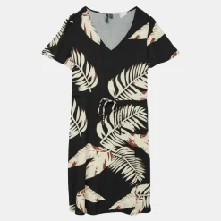 Robe noire manches courtes col v imprimé feuilles Femme VERO MODA