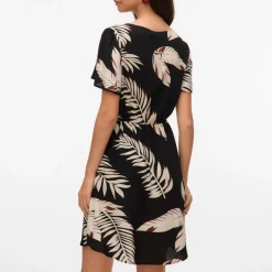 Robe noire manches courtes col v imprimé feuilles Femme VERO MODA