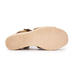 Sandales compensées kaki cuir military boucle bois Femme BIOSTOCK