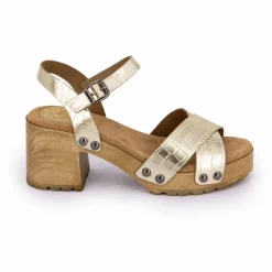 Sandales cuir croco brillant avec boucle talons effet bois Femme PORRONET