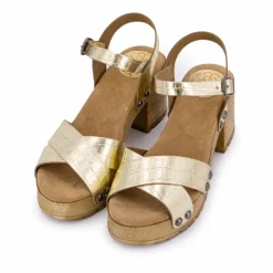 Sandales cuir croco brillant avec boucle talons effet bois Femme PORRONET