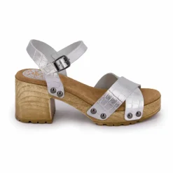 Sandales cuir croco brillant avec boucle talons effet bois Femme PORRONET