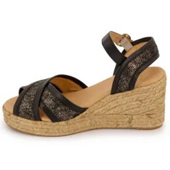 Sandales mordorées noires double bride compensées Femme PINAZ