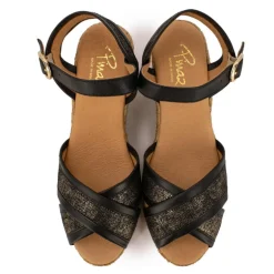 Sandales mordorées noires double bride compensées Femme PINAZ
