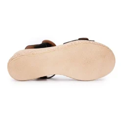 Sandales noires compensées en cuir double boucle bois Femme BIOSTOCK