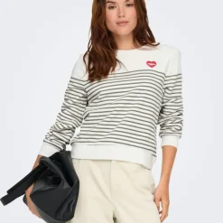 Sweat col rond à rayures avec imprimé coeur Femme ONLY