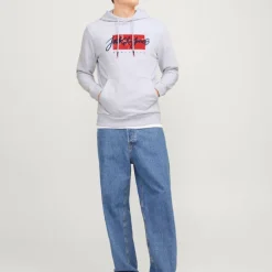 Sweat gris chiné imprimé avec capuche tiley coton mélangé regular Homme JACK & JONES