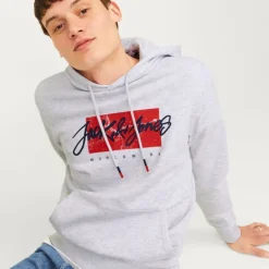 Sweat gris chiné imprimé avec capuche tiley coton mélangé regular Homme JACK & JONES