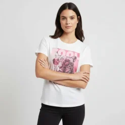 Tee shirt basique blanc hariettte impression léopard Femme ONLY