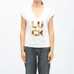 Tee shirt blanc col v Luck brodé coloré Femme DEELUXE 74