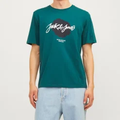 Tee shirt bleu canard coton col ras de cou imprimé cercle noir et texte blanc Homme JACK & JONES