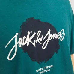 Tee shirt bleu canard coton col ras de cou imprimé cercle noir et texte blanc Homme JACK & JONES