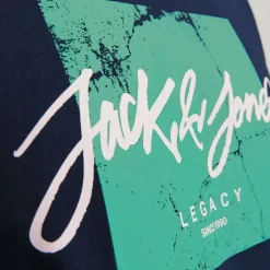 Tee shirt bleu marine Tiley regular fit imprimé block avec logo col rond Homme JACK & JONES