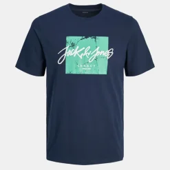 Tee shirt bleu marine Tiley regular fit imprimé block avec logo col rond Homme JACK & JONES