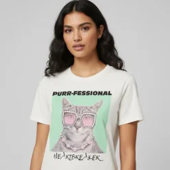 Tee shirt col rond hariettte avec chat à lunettes Femme ONLY