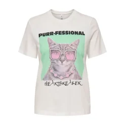 Tee shirt col rond hariettte avec chat à lunettes Femme ONLY