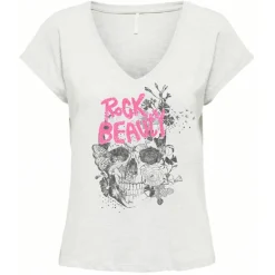 Tee shirt col v inscription rock beauty Femme ONLY