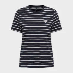 Tee shirt coton bio Liva marinière avec coeur argenté Femme ONLY