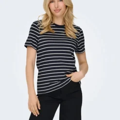 Tee shirt coton bio Liva marinière avec coeur argenté Femme ONLY