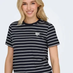 Tee shirt coton bio Liva marinière avec coeur argenté Femme ONLY