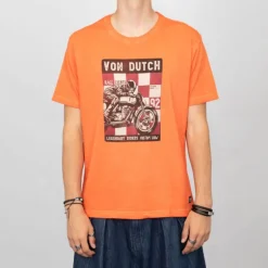 Tee shirt coton orange illustration moto avec damnier Homme VON DUTCH