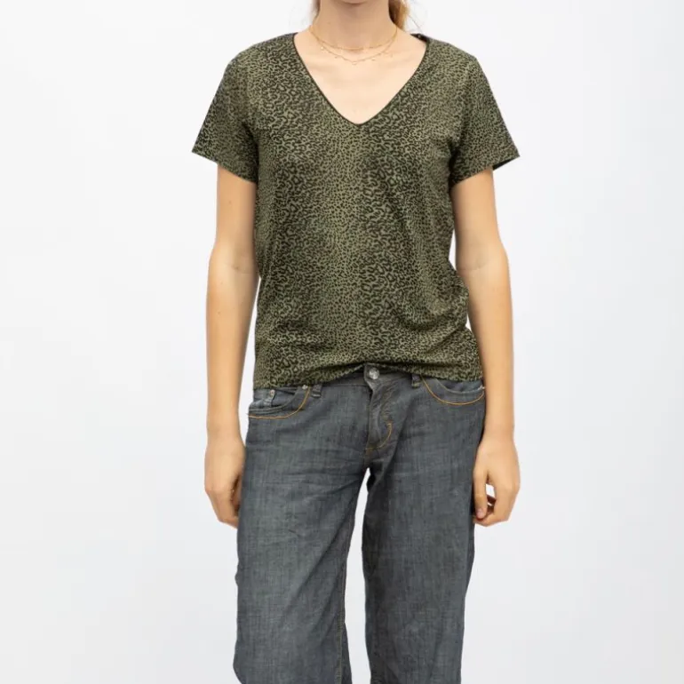Tee shirt imprimé léopard ziana khaki col v Femme DEELUXE 74