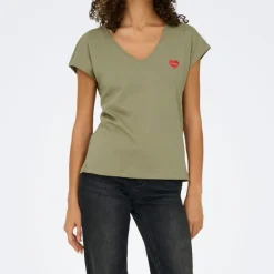 Tee shirt manches courtes col V bouche coeur brodé onlamber Femme ONLY