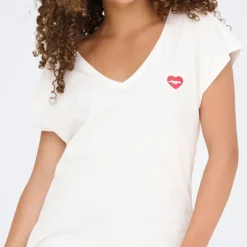 Tee shirt manches courtes col V bouche coeur brodé onlamber Femme ONLY