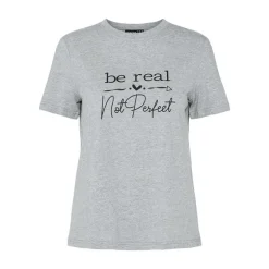 Tee shirt Maria coton bio "Be Real, Not Perfect" gris chiné Femme PIECES