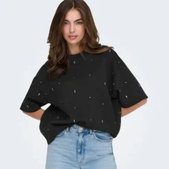 Tee shirt noir col rond manches 3/4 avec strass blancs Femme ONLY