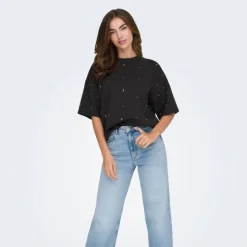 Tee shirt noir col rond manches 3/4 avec strass blancs Femme ONLY