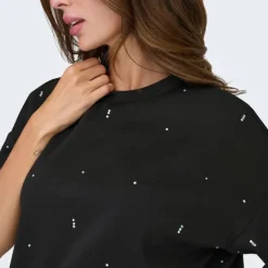 Tee shirt noir col rond manches 3/4 avec strass blancs Femme ONLY