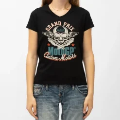 Tee shirt noir col v jersey moto gp Grand Prix Femme VON DUTCH